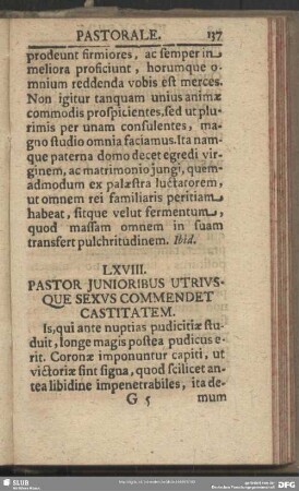 LXVIII. Pastor Junioribus Utriusque Sexus Commendet Castitatem