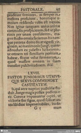 LXVIII. Pastor Junioribus Utriusque Sexus Commendet Castitatem