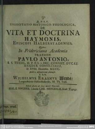 Exercitatio Historico-Theologica, De Vita Et Doctrina Haymonis, Episcopi Halberstadiensis