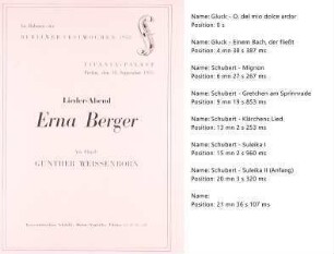 Lieder-Abend Erna Berger : Titania-Palast - Freitag, den 18. September 1953 : im Rahmen der Berliner Festwochen 1953