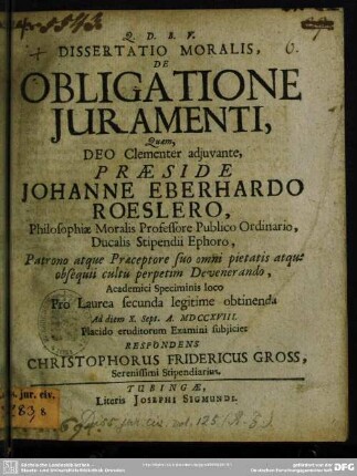 Dissertatio Moralis, De Obligatione Iuramenti
