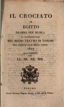 Il crociato in Egitto : Dramma per musica