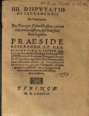 IIII. Disputatio de sacramentis de poenitentia