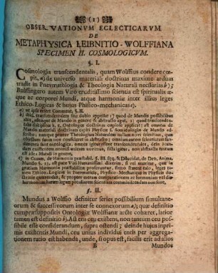 Observationvm Eclecticarvm De Metaphysica Leibnitio-Wolffiana Specimen II. Cosmologicvm