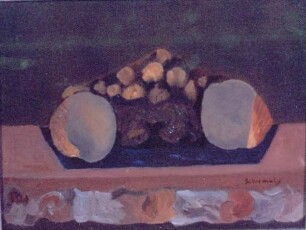 Abstraktes Stilleben mit blauen Pfirsichen