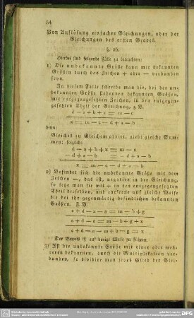 Von Auflösung einfacher Gleichungen, oder der Gleichungen des ersten Grades