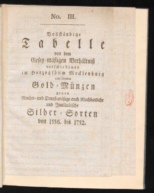 No. III. Vollständige Tabelle von den Gesetz-mäßigen Verhältniß ....Gold-Münzen ...gegen Silber-Sorten von 1556. bis 1752.