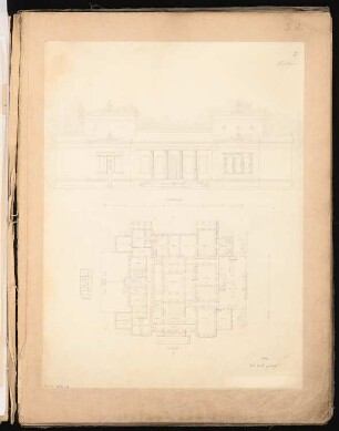 Wohnung eines Architekten Schinkelwettbewerb 1852: Grundriss Erdgeschoss, Obergeschoss, Aufriss Vorderansicht (Nordseite); Maßstabsleiste