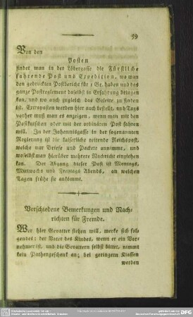 Verschiedene Bemerkungen und Nachrichten für Fremde