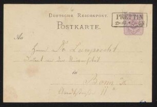 Postkarte an Dr. [Karl] Lamprecht in Bonn a[m]/R[hein], Arndtstraße 11 a