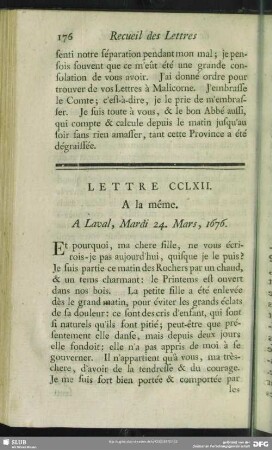Lettre CCLXII. A la même. A Laval Mardi 24. Mars, 1676