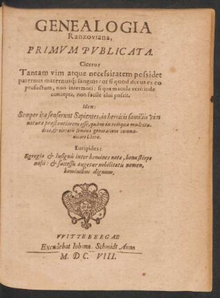 Genealogia Ranzoviana : Primum Publicata
