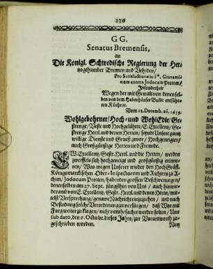 GG. Senatus Bremensis, an Die Konigl. Schwedische Regierung der Hertzogthumber Bremen und Vehrden/ [...]