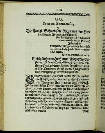 GG. Senatus Bremensis, an Die Konigl. Schwedische Regierung der Hertzogthumber Bremen und Vehrden/ [...]