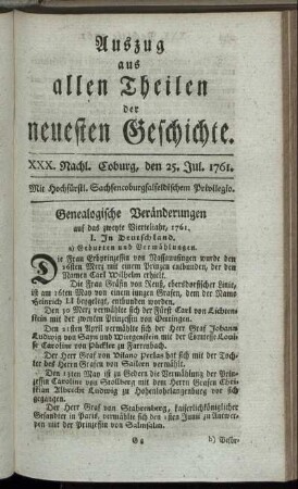 XXX. Nachl. Coburg, den 25. Jul. 1761.