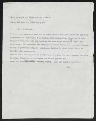Brief von Gerhart Hauptmann an Rudolf K. Goldschmit-Jentner