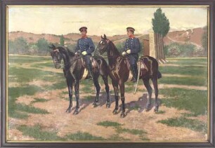 Reiterei, zwei Offiziere zu Pferd in Uniform und Mütze bei Ausritt