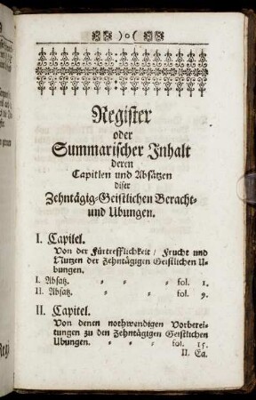 Register oder Summarischer Inhalt deren Capiteln und Absätzen ...