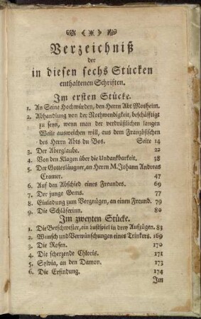 Verzeichniß der in diesen sechs Stücken enthaltenen Schriften.