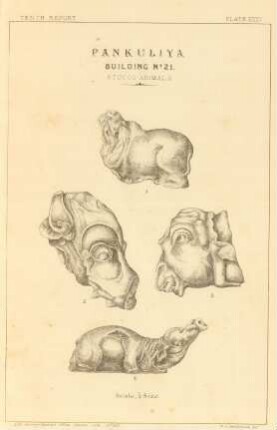 Plate XXXV. Pankuliya. Building No. 21. Stucco animals.