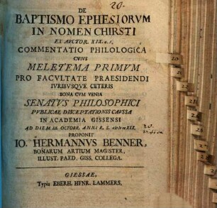 De baptismo Ephesiorum in nomen Christi, ex Actor. XIX, 4. 5. commentatio philologica