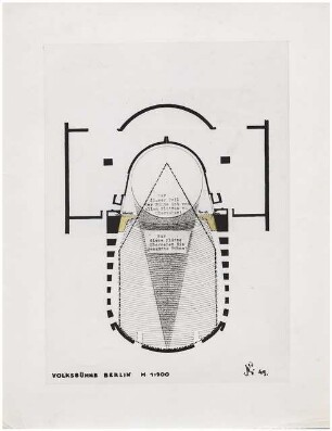 Volksbühne, Berlin-Mitte Systemskizzen von Theaterinnenräumen: Foto von Inv.Nr. 38895: Theaterinnenraumanalysen und Erläuterungstext, Grundrissschema der Volksbühne und notwendiger Abriss