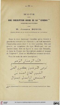 Sér. 5: Note sur une inscription arabe de la "Kasbah" (Constantine)