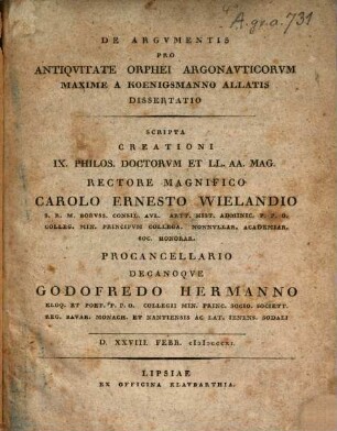 De argumentis pro antiquitate Orphei Argonauticorum maxime a Königsmanno allatis dissertatio