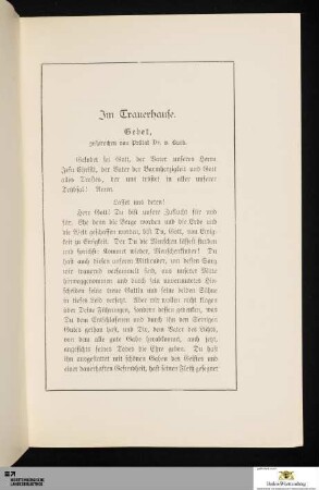 Im Trauerhause. Gebet, gesprochen von Prälat Dr. v. Burk