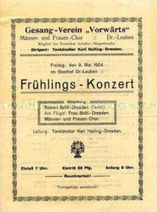Programm zu einem Konzert des Gesangsvereines "Vorwärts" Dresden-Leuben