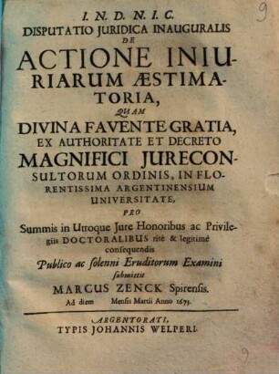 Disputatio Juridica Inauguralis De Actione Iniuriarum Æstimatoria
