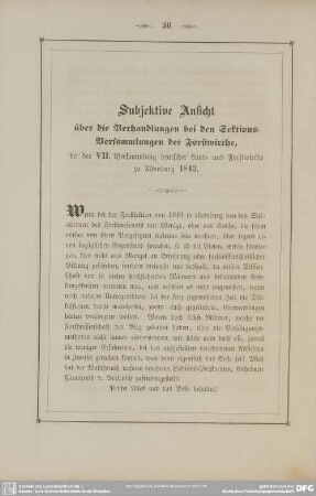 Subjektive Ansicht über die Verhandlungen bei den Sektions-Versammlungen der Forstwirthe, bei der VII. Versammlung deutscher Land- und Forstwirthe zu Altenburg 1843