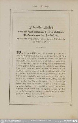 Subjektive Ansicht über die Verhandlungen bei den Sektions-Versammlungen der Forstwirthe, bei der VII. Versammlung deutscher Land- und Forstwirthe zu Altenburg 1843