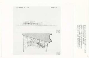 Amerikahaus, Berlin-Tiergarten (Diplomarbeit bei Willy Kreuer): Ansicht von Westen 1:200 und Perspektivische Ansicht