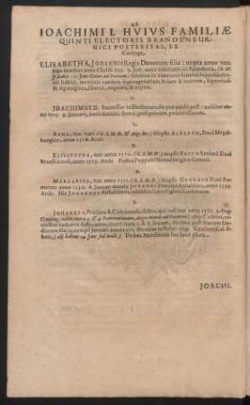 Joachimi I. Huius Familiae Quinti Electoris Brandenburgici Posteritas, Ex Coniuge