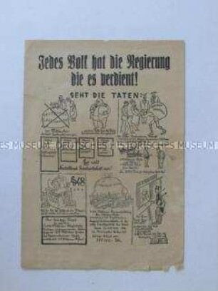 Illustriertes Propagandaflugblatt der Volksrecht-Partei zur Reichstagswahl 1930 mit sarkastischer Polemik gegen die etablierten Parteien der Weimarer Republik