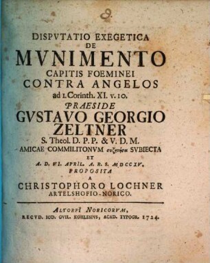 Disp. exeg. de munimento capitis foeminei contra angelos, ad 1 Cor. XI, 10.