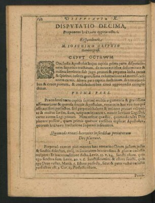 Disputatio Decima. Respondente M. Joachimo Gryphio