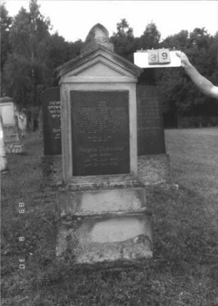 Grabstein 39 (Index: 99609675) Material: Sandstein, Platte ? Zustand: verwittert Maße HxBxT: 181x65x26 cm Beschreibung: Stele, Giebelabschluß mit Verdachung und Mittelpalmette, rechteckige Schriftplatte eingelassen, getreppter Sockel: Grabstein 39
