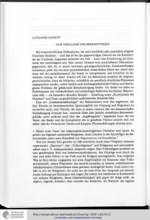 Alexandre Ganoczy - Zur Theologie des Bekenntnisses