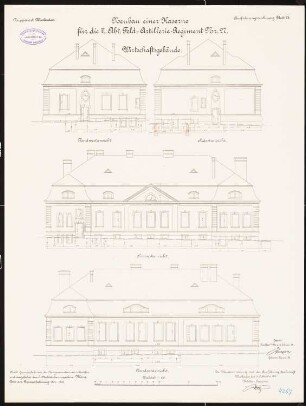 Artilleriekaserne II/27, Wiesbaden: Wirtschaftsgebäude: Aufriss Nordostansicht, Nordwestansicht, Südostansicht, Südwestansicht 1:100