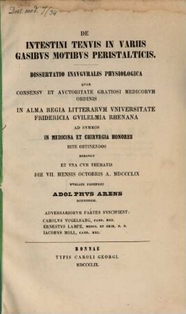 De intestini tenuis in variis gasibus Motibus peristalticis