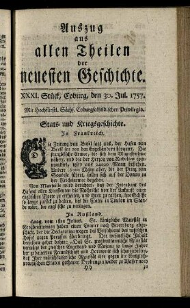 XXXI. Stück, Coburg, den 30. Jul. 1757.
