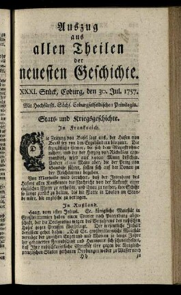 XXXI. Stück, Coburg, den 30. Jul. 1757.