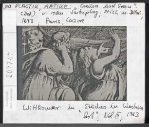 Kreusa und Kreon, Detail von römischem Sarkophag, Stich von Bellon, 1693.