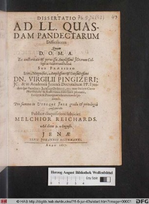 Dissertatio Ad LL. Quasdam Pandectarum Difficiliores