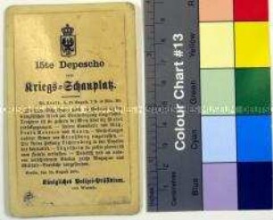 Gedruckte Kriegsdepesche vom Königlichen Polizei-Präsidium über die Kriegsereignisse vom 12.8.1870 bei Metz, La Petite-Pierre (Lützelstein) und Lichtenberg während des Deutsch-Französischen Krieges