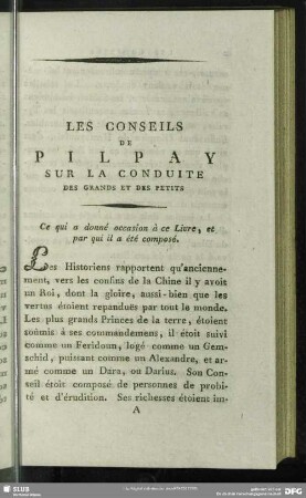 Le Conseils De Pilpay Sur la Conduite Des Grands Et Des Petits