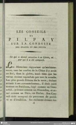 Le Conseils De Pilpay Sur la Conduite Des Grands Et Des Petits