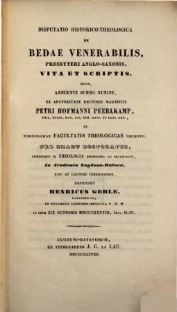 Disputatio historico-theologica de Bedae Venerabilis, presbyteri Anglo-Saxonis, vita et scriptis